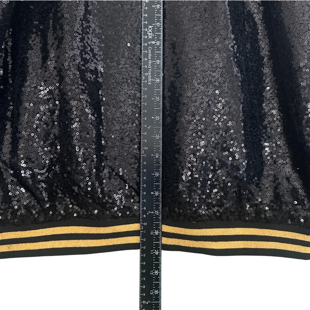 Mens XXL Black Sequin Varsity Bomber Jacket Gold Glitter Striped Party Disco 2XL